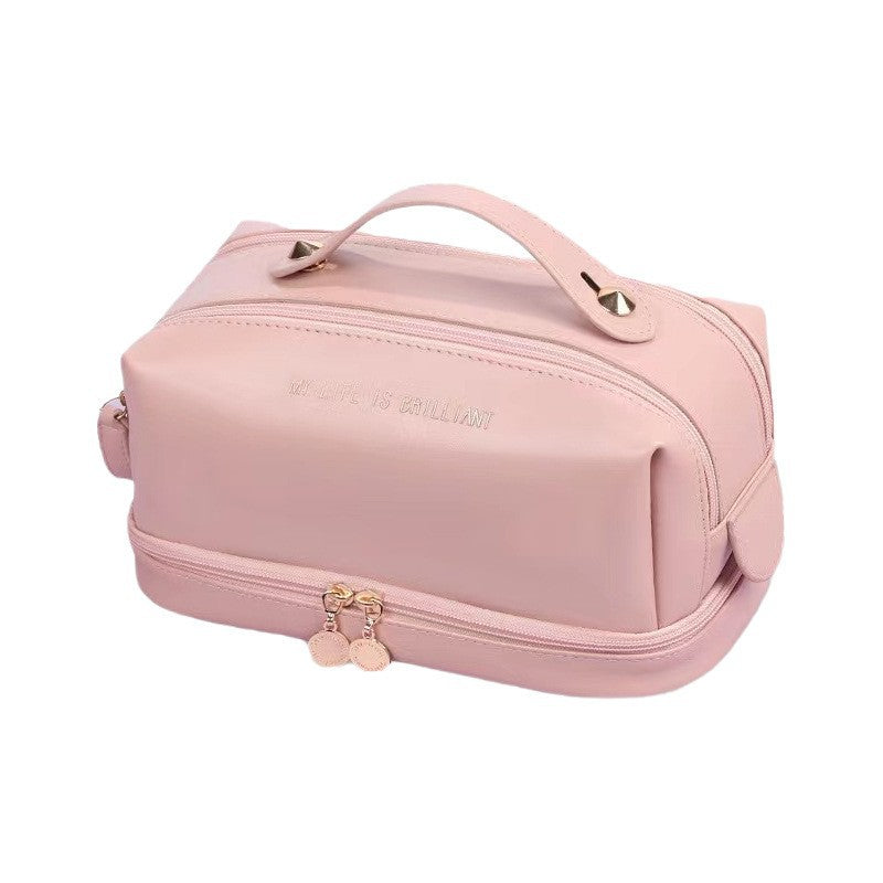Double layer double zipper makeup bag for women,Large capacity women's cosmetic bag, PU leather toilet bag, cosmetic storage bag, makeup bag organizer,