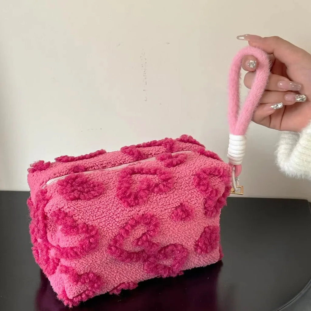 Plush Makeup Bags with Handle Soft Travel Cosmetic Storage Bag Portable Love Print Organizer Pencil Case Cute Clutch Pouch