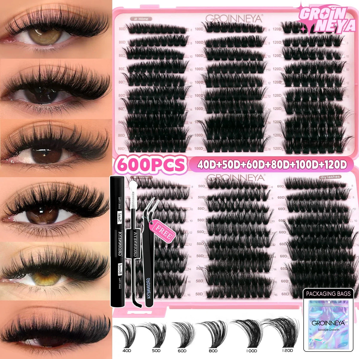 GROINNEYA Lash Clusters Kit Cat Lashes with Lash Bond & Seal Wispy Cluster Eyelash Clusters Kit DIY Eyelash Extensions at Home