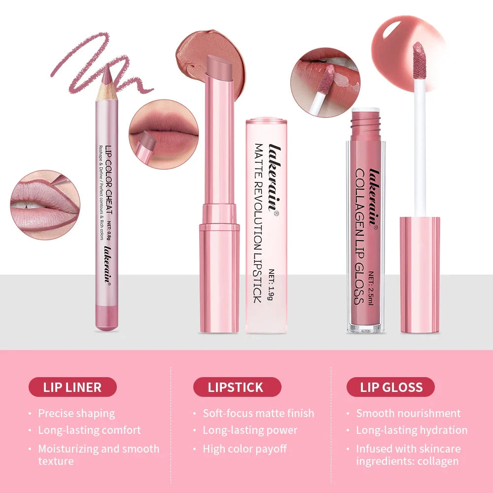 Lipliner&Lipstick Lip Gloss Set 3pcs/set Waterproof Long Lasting Lip Makeup Matte Travel Mini Set Women's Makeup Cosmetics