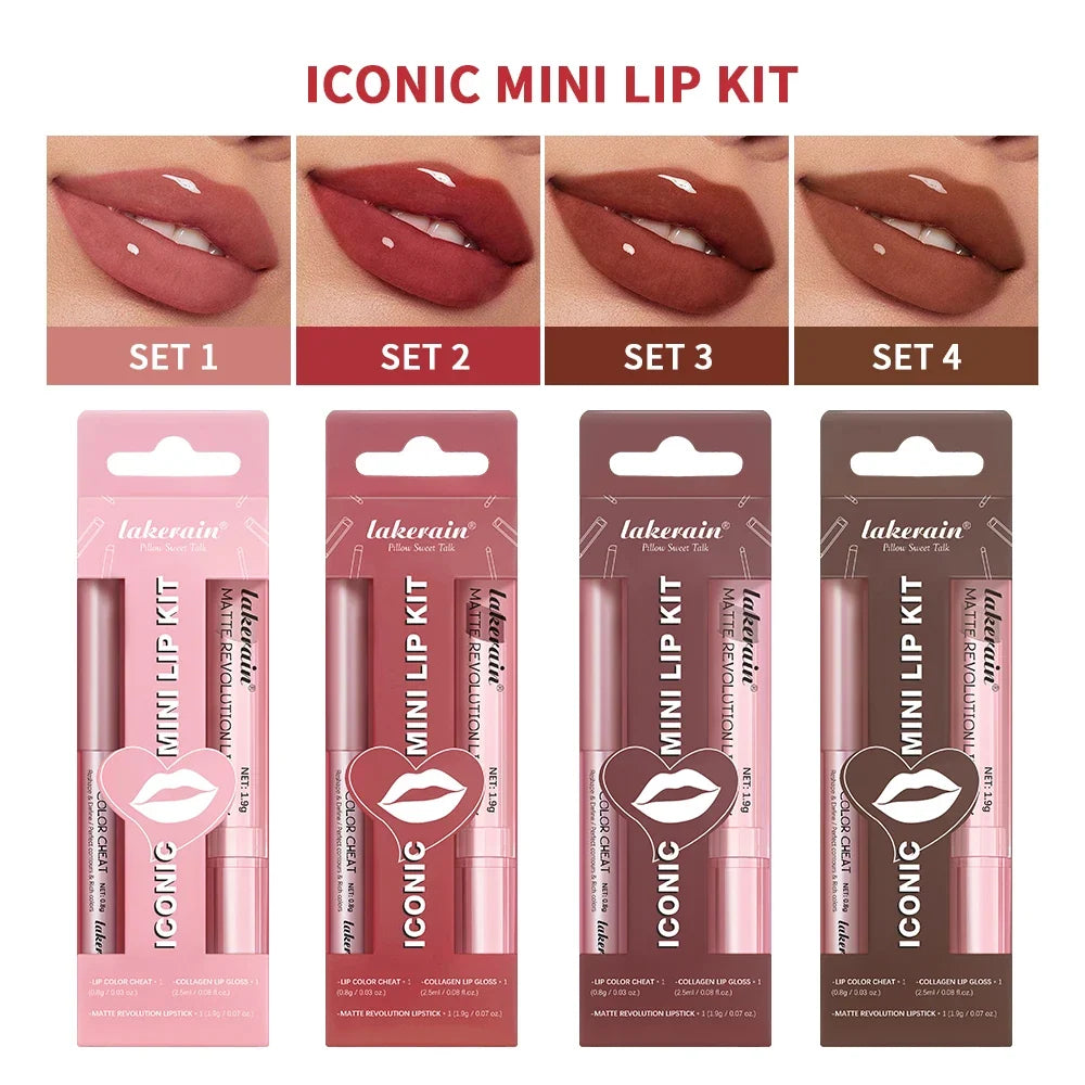 Lipliner&Lipstick Lip Gloss Set 3pcs/set Waterproof Long Lasting Lip Makeup Matte Travel Mini Set Women's Makeup Cosmetics