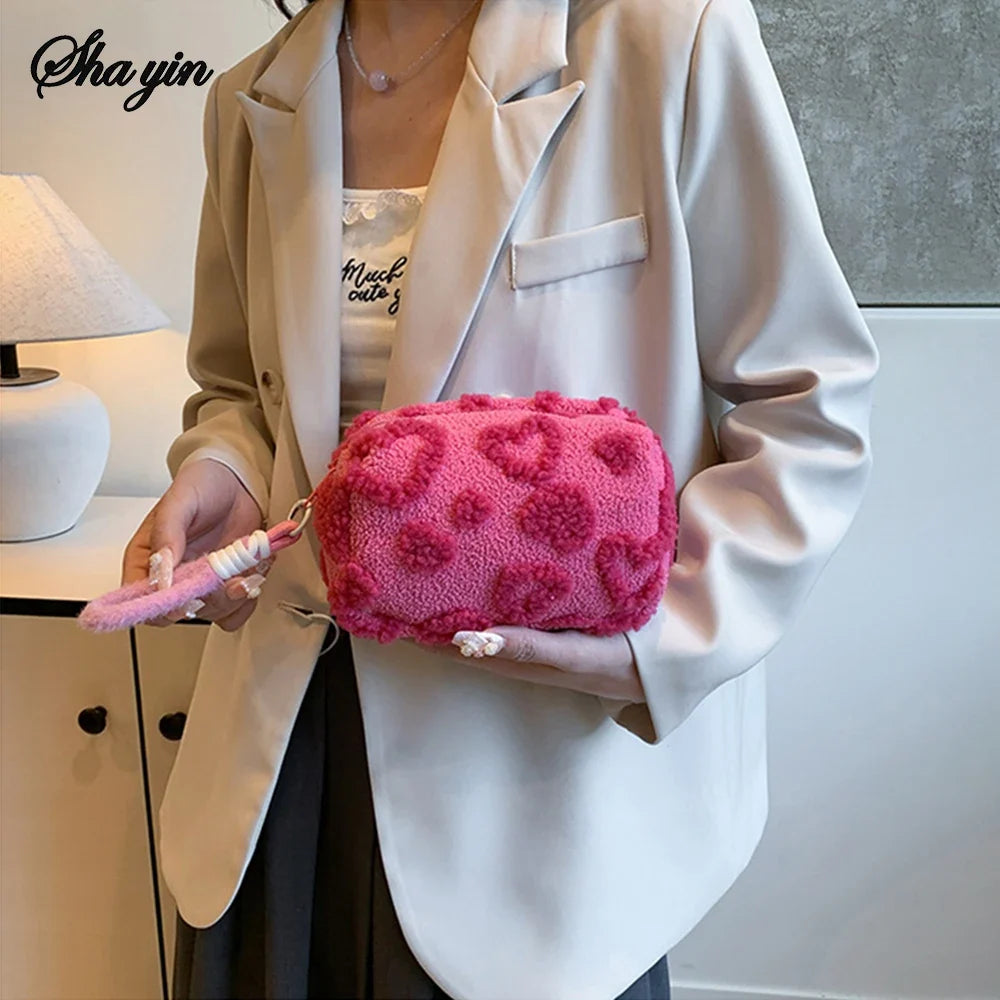 Plush Makeup Bags with Handle Soft Travel Cosmetic Storage Bag Portable Love Print Organizer Pencil Case Cute Clutch Pouch