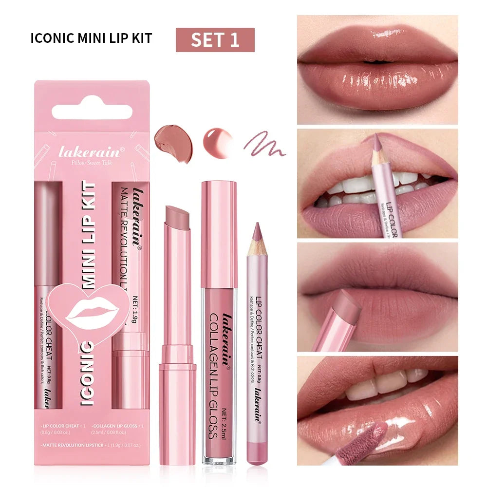 Lipliner&Lipstick Lip Gloss Set 3pcs/set Waterproof Long Lasting Lip Makeup Matte Travel Mini Set Women's Makeup Cosmetics