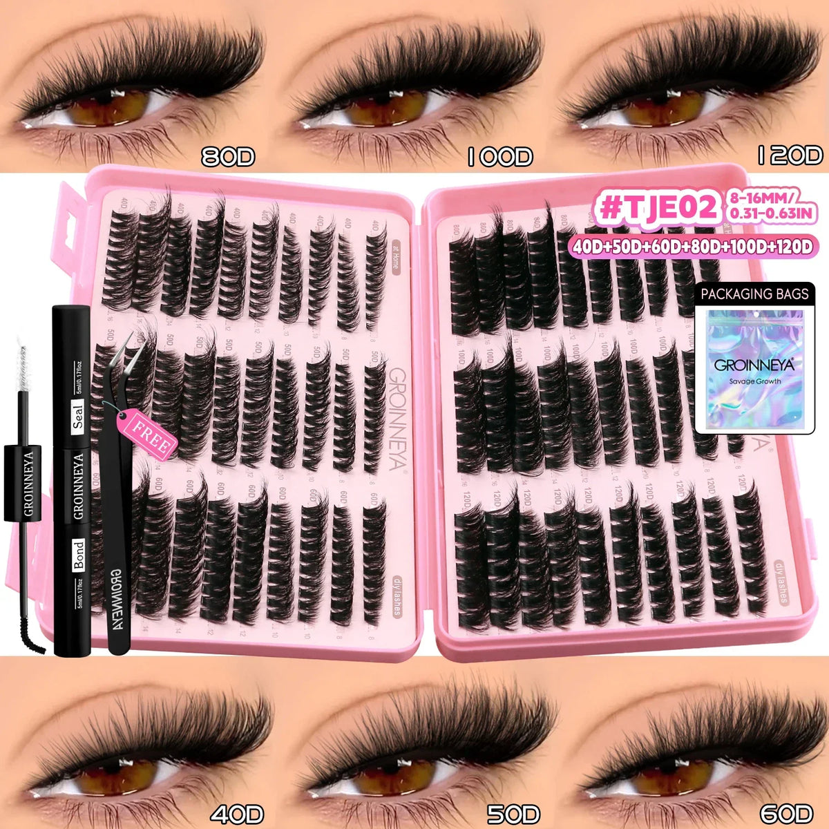 GROINNEYA Lash Clusters Kit Cat Lashes with Lash Bond & Seal Wispy Cluster Eyelash Clusters Kit DIY Eyelash Extensions at Home