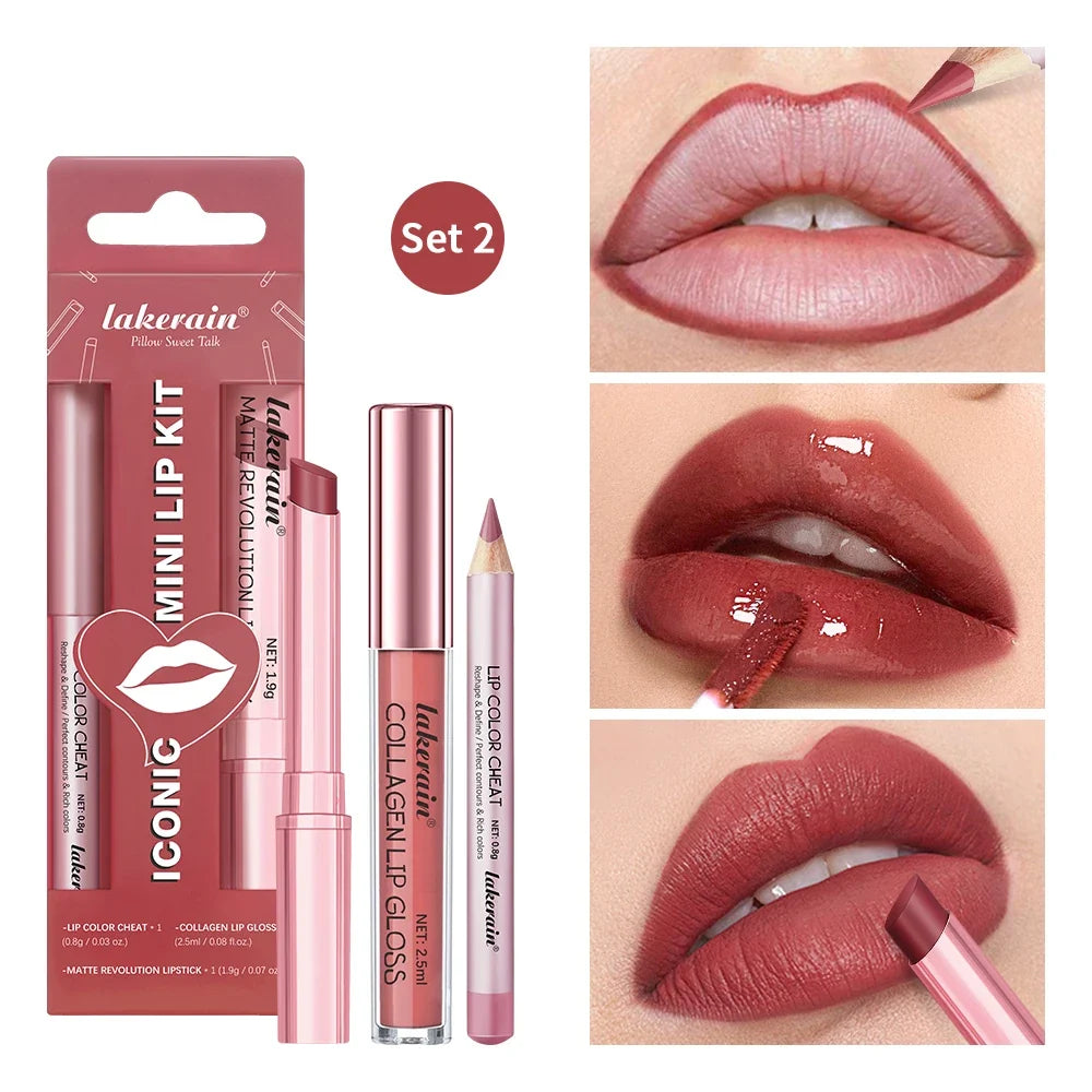 Lipliner&Lipstick Lip Gloss Set 3pcs/set Waterproof Long Lasting Lip Makeup Matte Travel Mini Set Women's Makeup Cosmetics