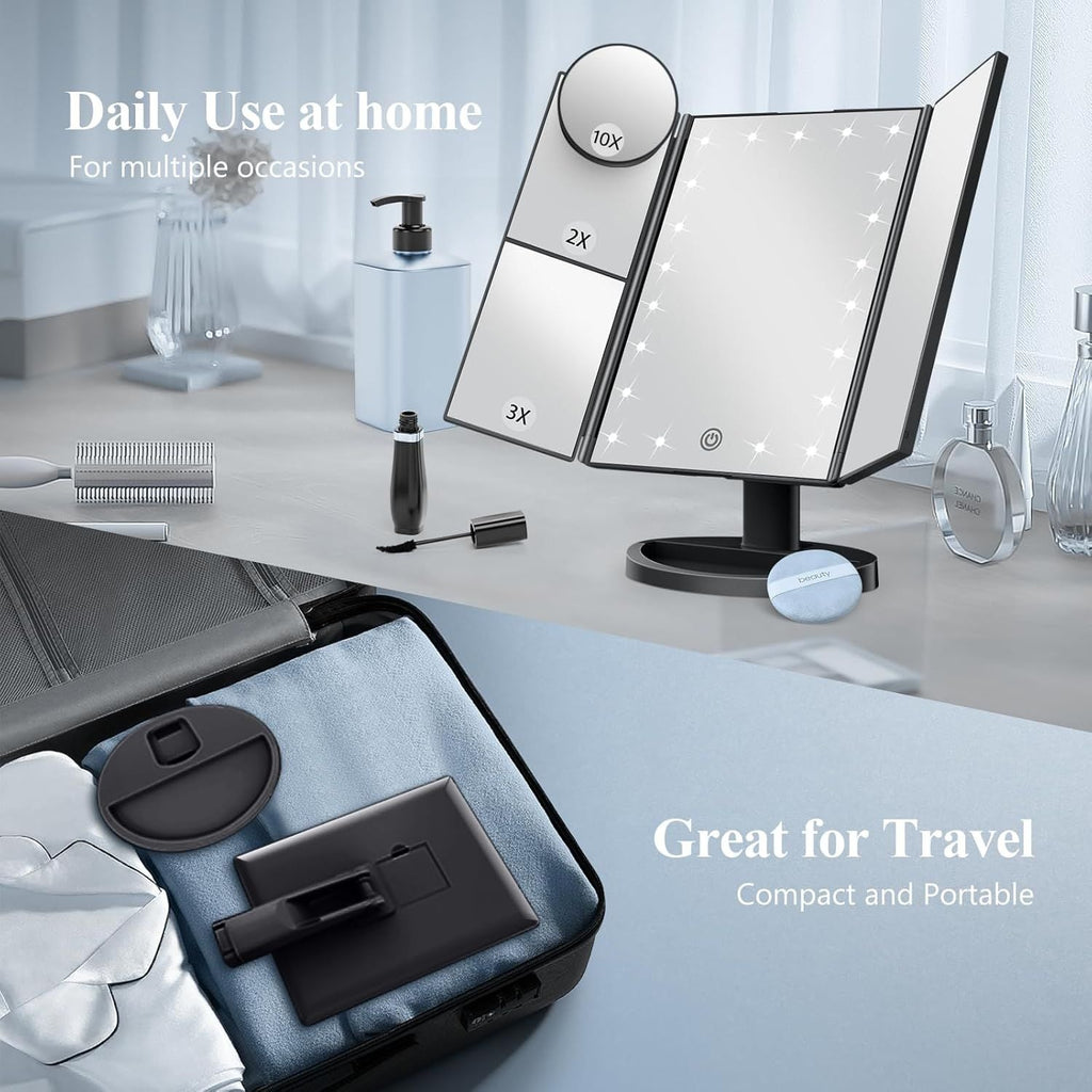 Makeup Mirror, Vanity Mirror with Lights, 2X/3X/10X Magnification, Touch Control, Trifold, Dual Power Supply, Gifts Mothers Day for Mom,Gifts for Women, Wife, Girls,Dorm Room Essentials