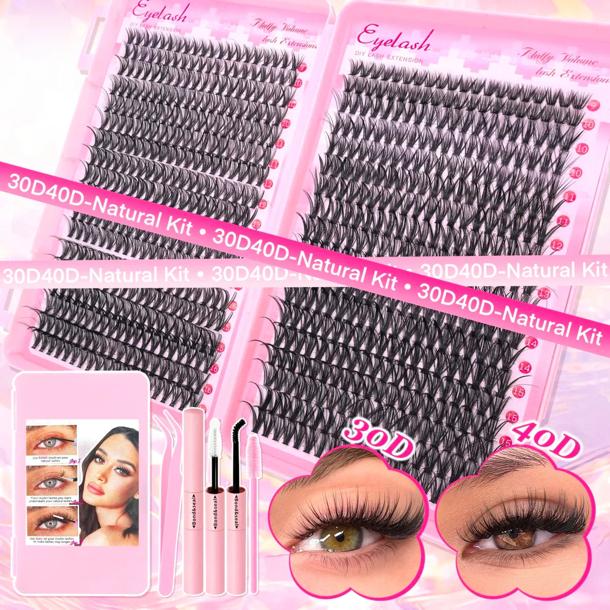 DIY Lash Extension Kit 720pcs Lash Clusters Individual Eyelashes Kit with Lash Bond and Seal Wispy Natural Mange Lashes